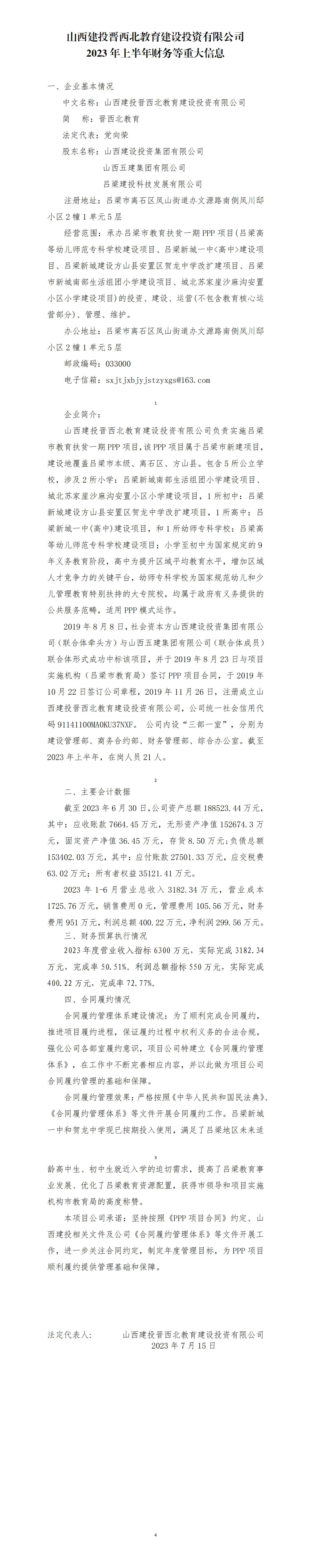 山西建投晋西北教育ob电竞投资有限公司2023年上半年财务等重大信息