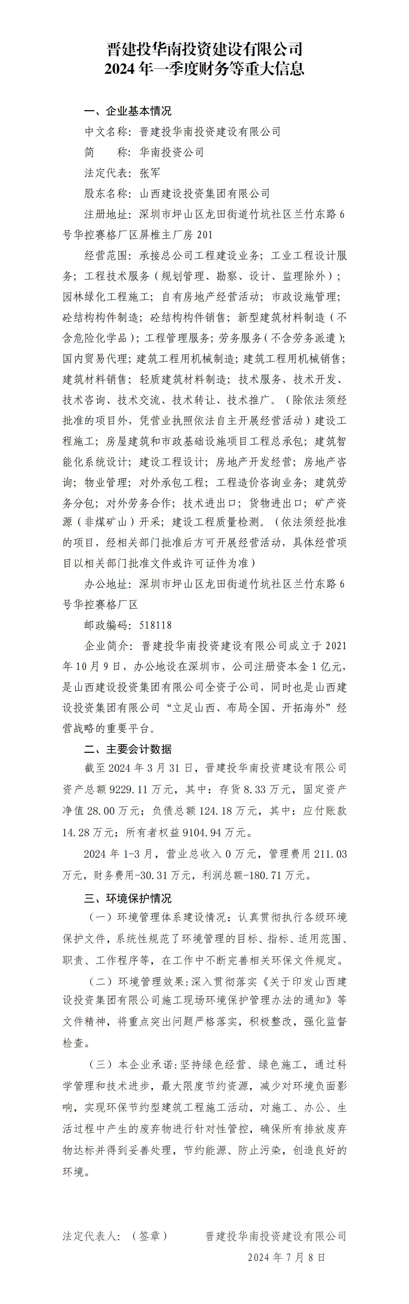 晋建投华南投资ob电竞有限公司2024年一季度财务等重大信息