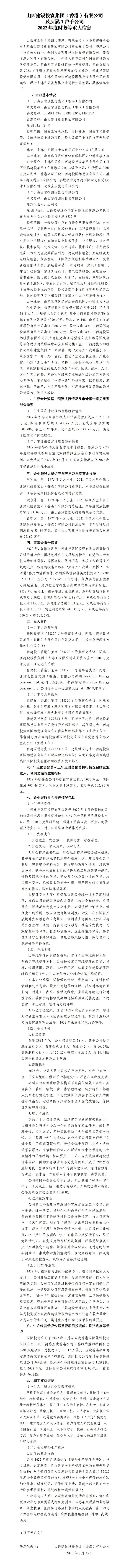 山西ob电竞投资集团（香港）有限公司及所属1户子公司 2022年度财务等重大信息