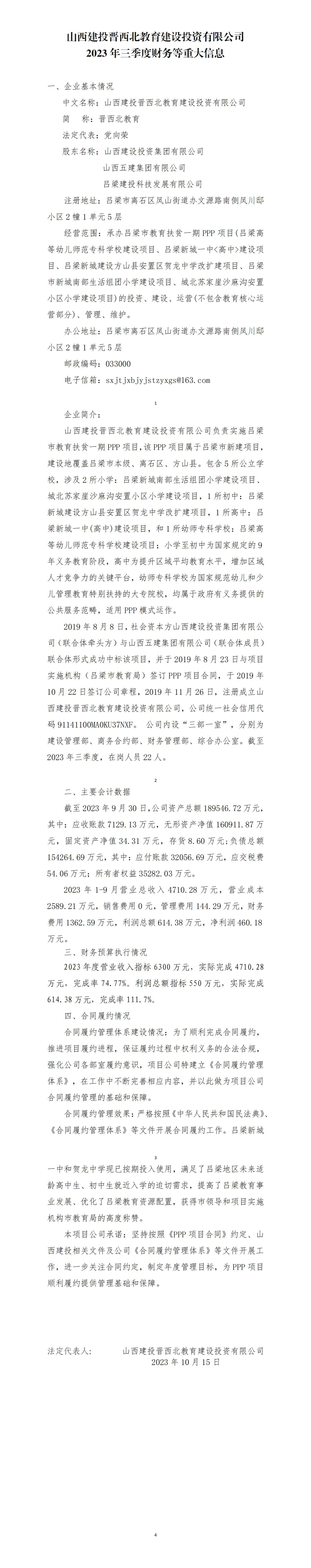山西建投晋西北教育ob电竞投资有限公司2023年三季度财务等重大信息