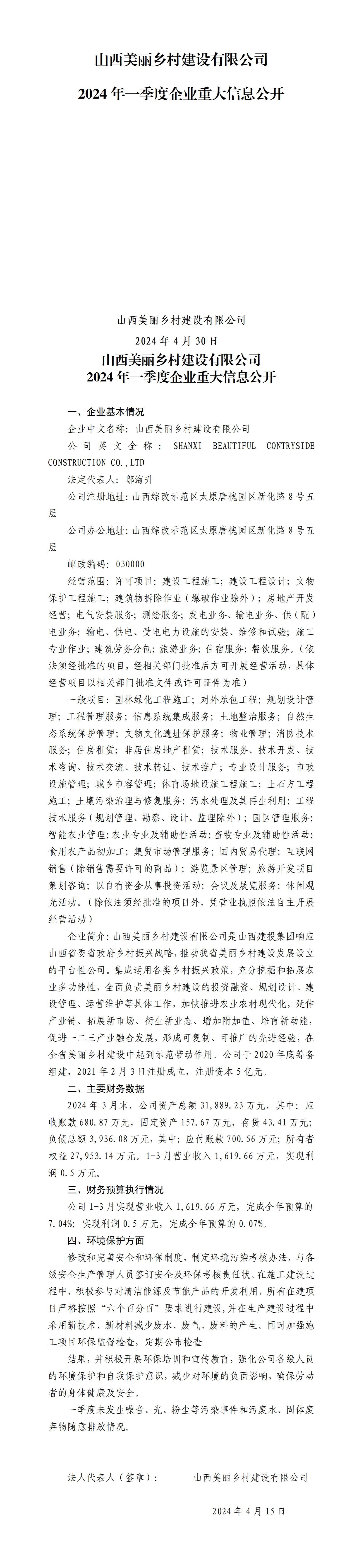 山西美丽乡村ob电竞有限公司2024年一季度企业重大信息公开